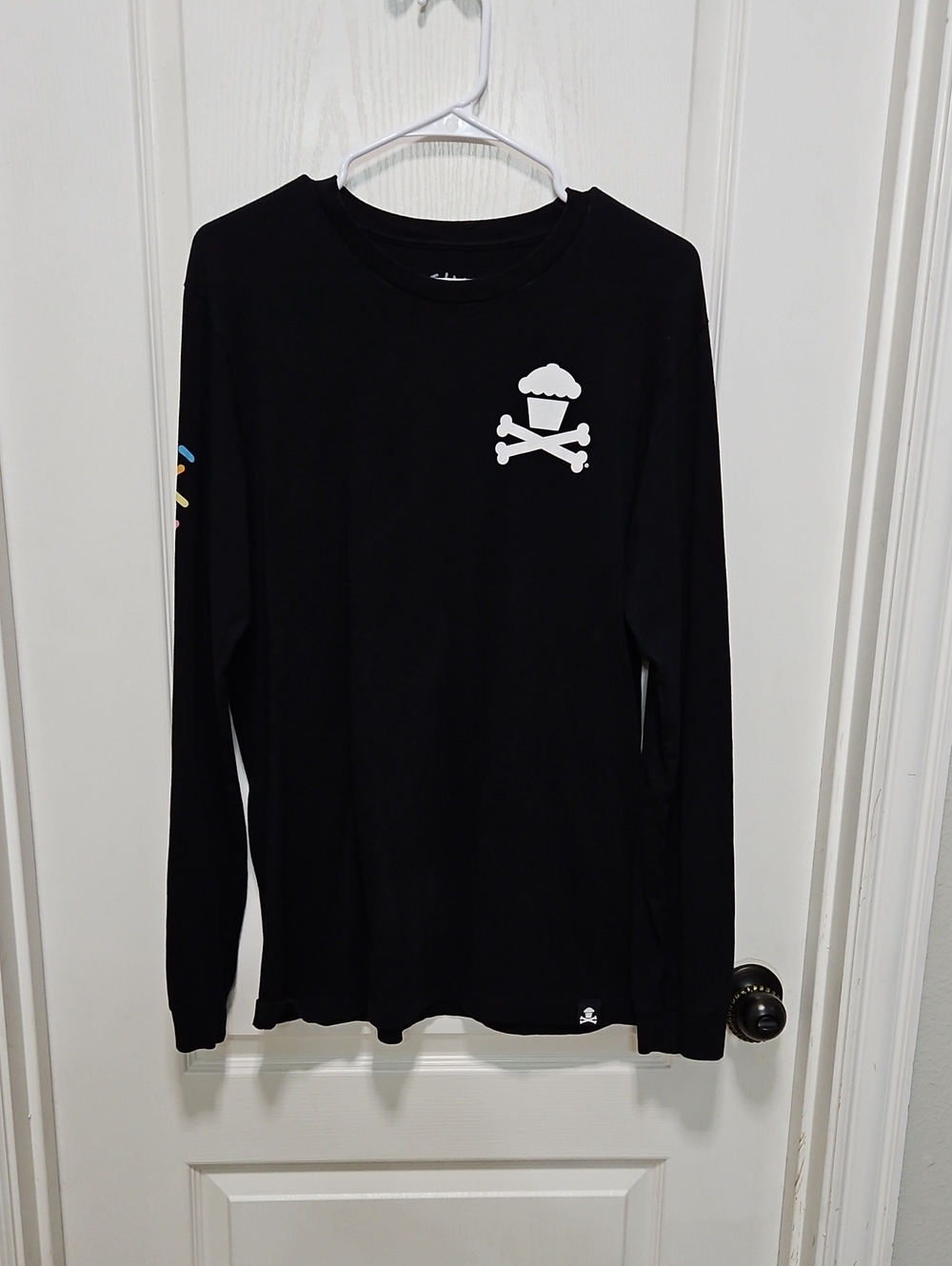 Johnny Cupcakes Black Long-Sleeve Tee with White Skull-Cupcake Graphic